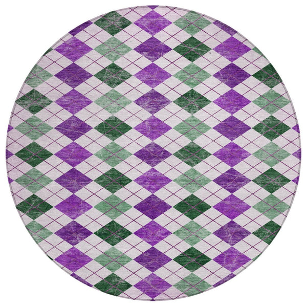 HomeRoots 8' Modern Round Geometric Rug in Purple, Green & Ivory – Washable, Stain-Resistant for Indoor/Outdoor Use 639793