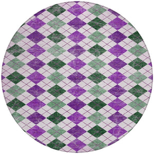 HomeRoots 8' Modern Round Geometric Rug in Purple, Green & Ivory – Washable, Stain-Resistant for Indoor/Outdoor Use 639793