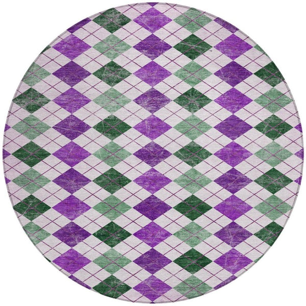 HomeRoots 8' Modern Round Geometric Rug in Purple, Green & Ivory – Washable, Stain-Resistant for Indoor/Outdoor Use 639793