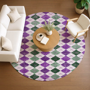 HomeRoots 8' Modern Round Geometric Rug in Purple, Green & Ivory – Washable, Stain-Resistant for Indoor/Outdoor Use 639793