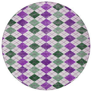 HomeRoots 8' Modern Round Geometric Rug in Purple, Green & Ivory – Washable, Stain-Resistant for Indoor/Outdoor Use 639793