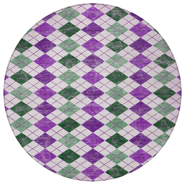HomeRoots 8' Modern Round Geometric Rug in Purple, Green & Ivory – Washable, Stain-Resistant for Indoor/Outdoor Use 639793