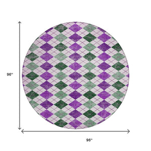HomeRoots 8' Modern Round Geometric Rug in Purple, Green & Ivory – Washable, Stain-Resistant for Indoor/Outdoor Use 639793