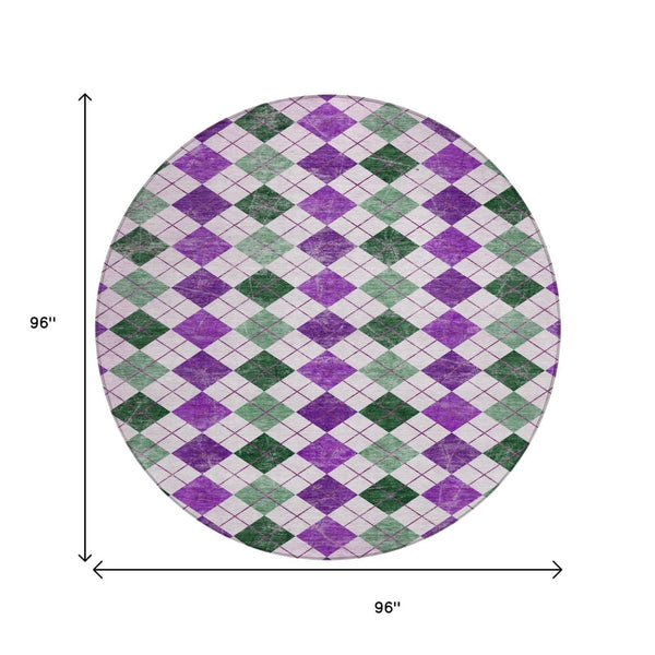 HomeRoots 8' Modern Round Geometric Rug in Purple, Green & Ivory – Washable, Stain-Resistant for Indoor/Outdoor Use 639793