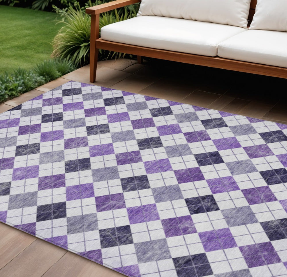 HomeRoots 8' X 10' Geometric Area Rug in Vibrant Purple, Green & Ivory - Washable for Indoor/Outdoor Flair! 639794