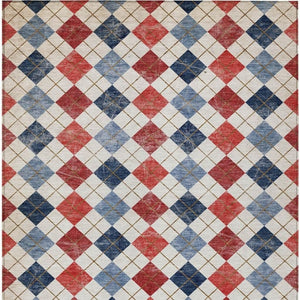 HomeRoots 5' Stylish Red, Blue & Ivory Geometric Washable Area Rug - Ideal for Indoor & Outdoor Spaces! 639798