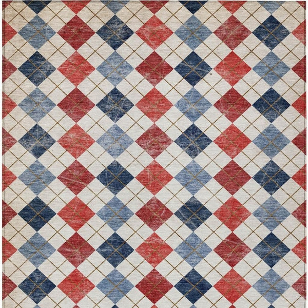HomeRoots 5' Stylish Red, Blue & Ivory Geometric Washable Area Rug - Ideal for Indoor & Outdoor Spaces! 639798