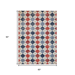 HomeRoots 5' Stylish Red, Blue & Ivory Geometric Washable Area Rug - Ideal for Indoor & Outdoor Spaces! 639798