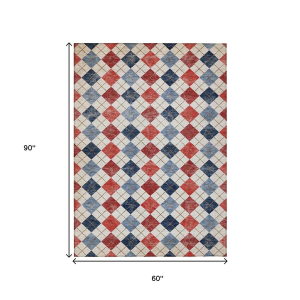 HomeRoots 5' Stylish Red, Blue & Ivory Geometric Washable Area Rug - Ideal for Indoor & Outdoor Spaces! 639798
