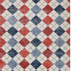HomeRoots 5' Stylish Red, Blue & Ivory Geometric Washable Area Rug - Ideal for Indoor & Outdoor Spaces! 639798