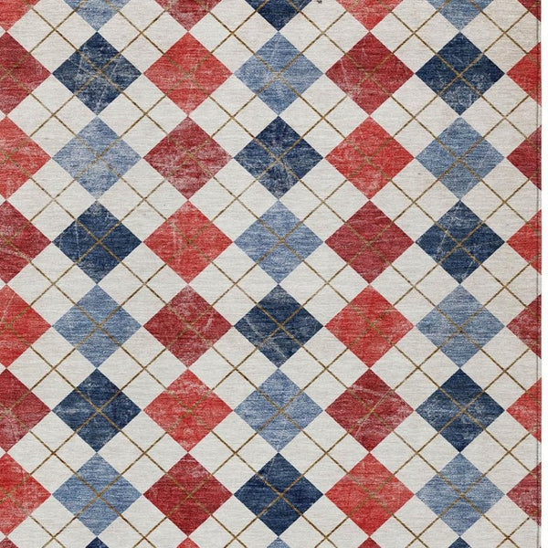 HomeRoots 5' Stylish Red, Blue & Ivory Geometric Washable Area Rug - Ideal for Indoor & Outdoor Spaces! 639798