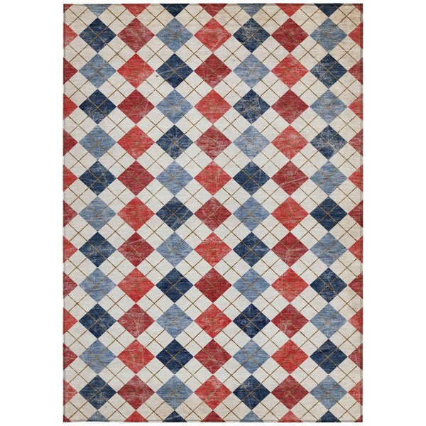 HomeRoots 5' Stylish Red, Blue & Ivory Geometric Washable Area Rug - Ideal for Indoor & Outdoor Spaces! 639798