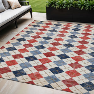 HomeRoots 5' Stylish Red, Blue & Ivory Geometric Washable Area Rug - Ideal for Indoor & Outdoor Spaces! 639798