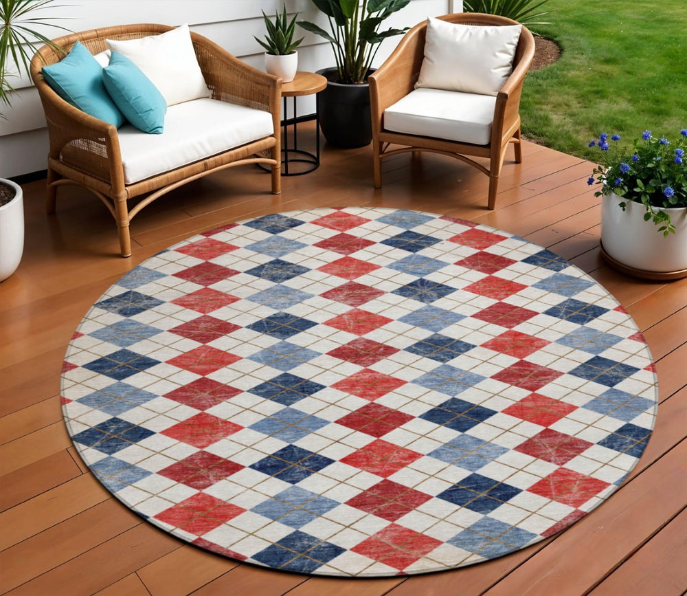 HomeRoots 8' Red Blue and Ivory Round Geometric Area Rug – Stylish, Washable, Durable for Indoor/Outdoor Use 639799