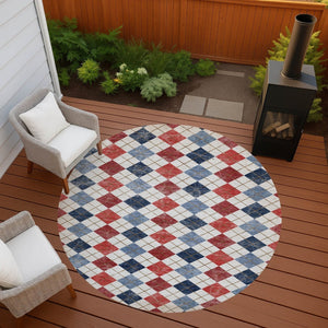 HomeRoots 8' Red Blue and Ivory Round Geometric Area Rug – Stylish, Washable, Durable for Indoor/Outdoor Use 639799