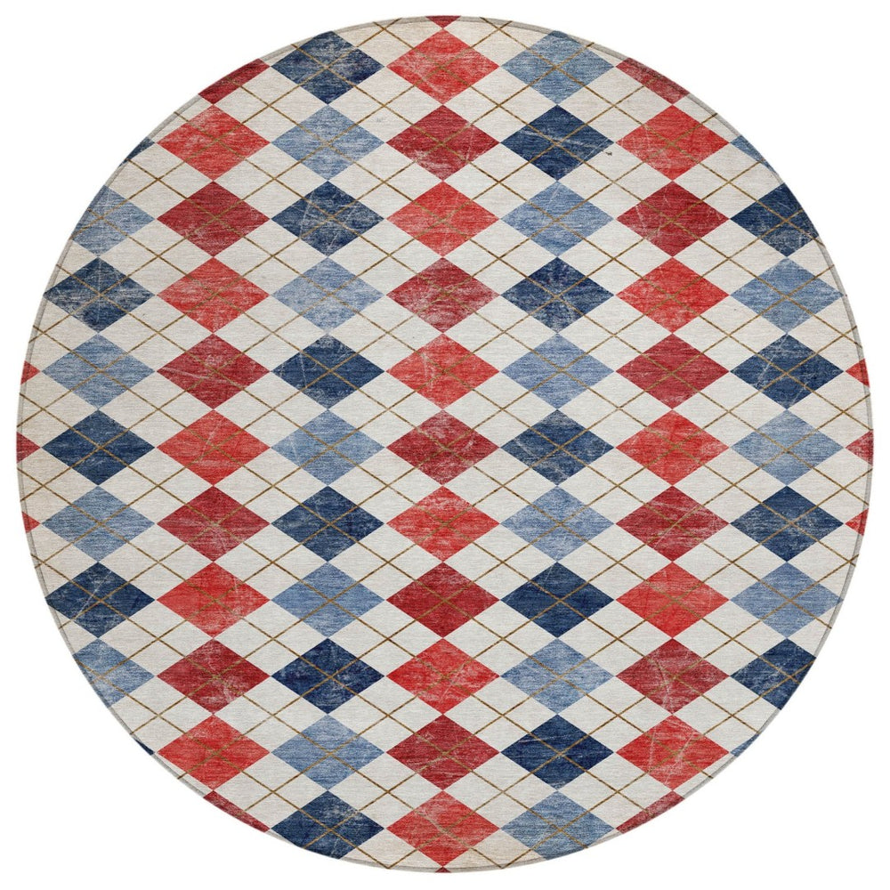 HomeRoots 8' Red Blue and Ivory Round Geometric Area Rug – Stylish, Washable, Durable for Indoor/Outdoor Use 639799