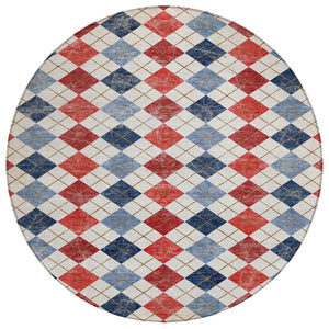 HomeRoots 8' Red Blue and Ivory Round Geometric Area Rug – Stylish, Washable, Durable for Indoor/Outdoor Use 639799