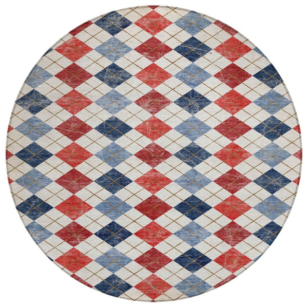 HomeRoots 8' Red Blue and Ivory Round Geometric Area Rug – Stylish, Washable, Durable for Indoor/Outdoor Use 639799