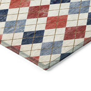 HomeRoots 8' Red Blue and Ivory Round Geometric Area Rug – Stylish, Washable, Durable for Indoor/Outdoor Use 639799