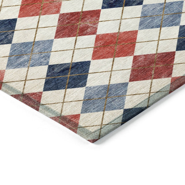 HomeRoots 8' Red Blue and Ivory Round Geometric Area Rug – Stylish, Washable, Durable for Indoor/Outdoor Use 639799