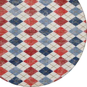 HomeRoots 8' Red Blue and Ivory Round Geometric Area Rug – Stylish, Washable, Durable for Indoor/Outdoor Use 639799