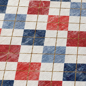 HomeRoots 8' Red Blue and Ivory Round Geometric Area Rug – Stylish, Washable, Durable for Indoor/Outdoor Use 639799