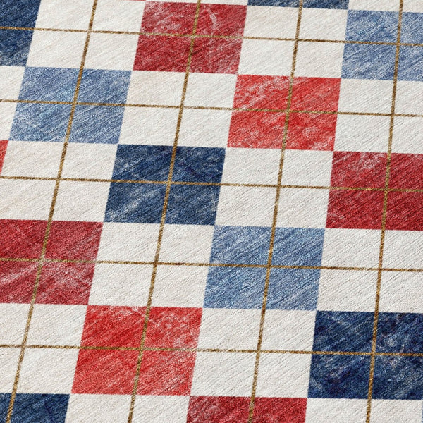 HomeRoots 8' Red Blue and Ivory Round Geometric Area Rug – Stylish, Washable, Durable for Indoor/Outdoor Use 639799