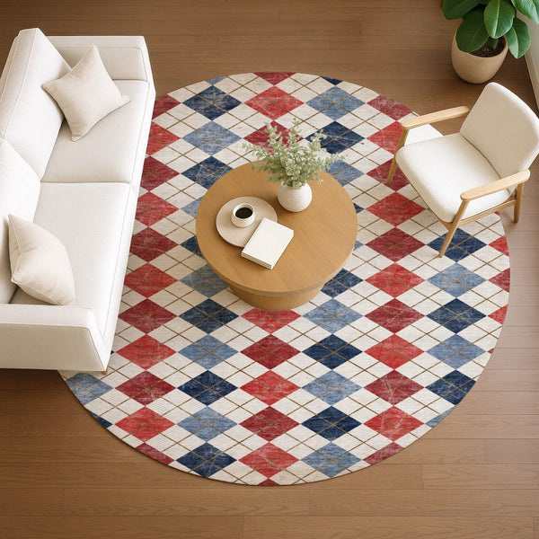 HomeRoots 8' Red Blue and Ivory Round Geometric Area Rug – Stylish, Washable, Durable for Indoor/Outdoor Use 639799