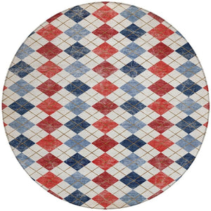 HomeRoots 8' Red Blue and Ivory Round Geometric Area Rug – Stylish, Washable, Durable for Indoor/Outdoor Use 639799