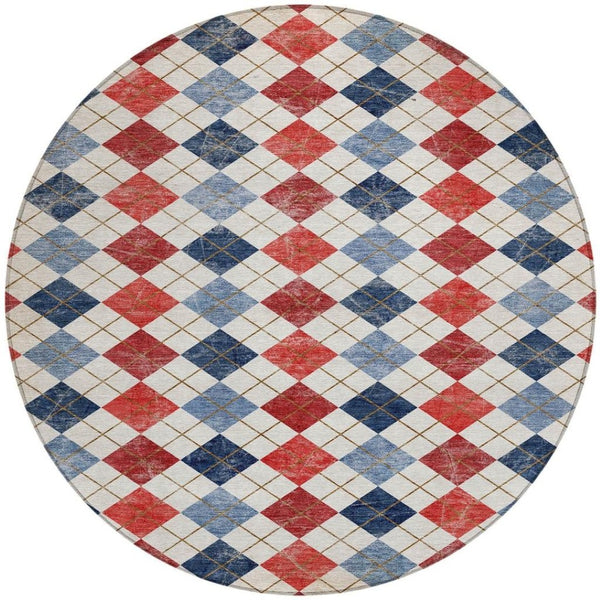 HomeRoots 8' Red Blue and Ivory Round Geometric Area Rug – Stylish, Washable, Durable for Indoor/Outdoor Use 639799