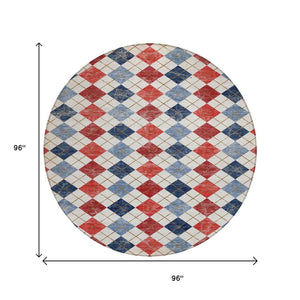 HomeRoots 8' Red Blue and Ivory Round Geometric Area Rug – Stylish, Washable, Durable for Indoor/Outdoor Use 639799