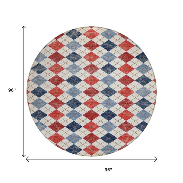 HomeRoots 8' Red Blue and Ivory Round Geometric Area Rug – Stylish, Washable, Durable for Indoor/Outdoor Use 639799