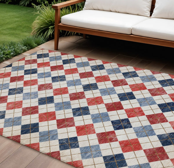 HomeRoots 8' X 10' Vibrant Red, Blue & Ivory Geometric Washable Area Rug for Indoor & Outdoor Spaces 639800