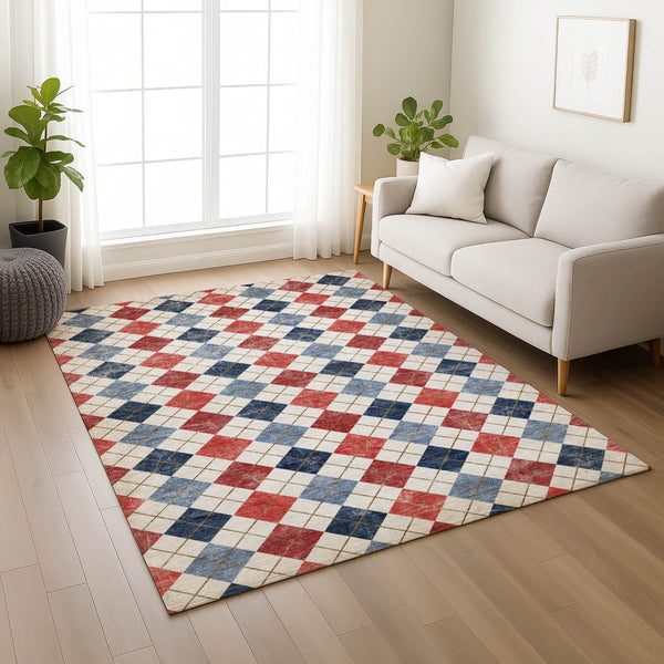 HomeRoots 8' X 10' Vibrant Red, Blue & Ivory Geometric Washable Area Rug for Indoor & Outdoor Spaces 639800