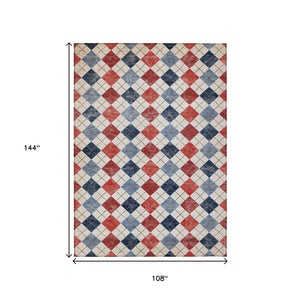 HomeRoots 9' Geometric Washable Indoor Outdoor Area Rug in Bold Red, Blue & Ivory - Durable & Stylish! 639801
