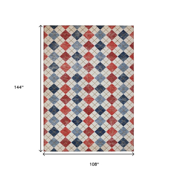 HomeRoots 9' Geometric Washable Indoor Outdoor Area Rug in Bold Red, Blue & Ivory - Durable & Stylish! 639801