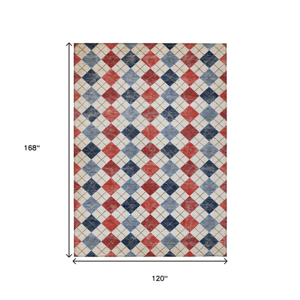 HomeRoots 10' Geometric Indoor Outdoor Area Rug in Red, Blue, and Ivory - Durable, Washable, Stylish Design! 639802