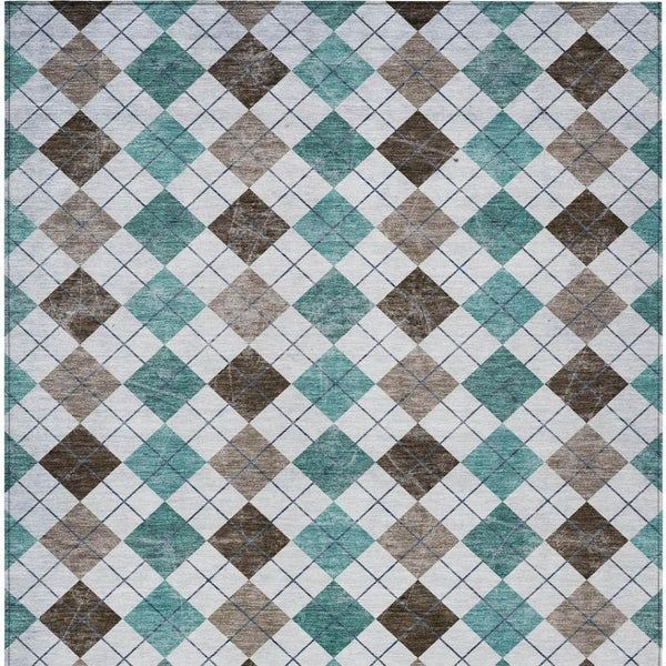 HomeRoots 5' Stylish Teal Blue, Taupe & Ivory Geometric Washable Area Rug for Indoor/Outdoor Spaces, Durable 639804