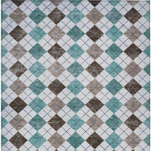 HomeRoots 5' Stylish Teal Blue, Taupe & Ivory Geometric Washable Area Rug for Indoor/Outdoor Spaces, Durable 639804
