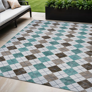 HomeRoots 5' Stylish Teal Blue, Taupe & Ivory Geometric Washable Area Rug for Indoor/Outdoor Spaces, Durable 639804