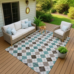 HomeRoots 5' Stylish Teal Blue, Taupe & Ivory Geometric Washable Area Rug for Indoor/Outdoor Spaces, Durable 639804
