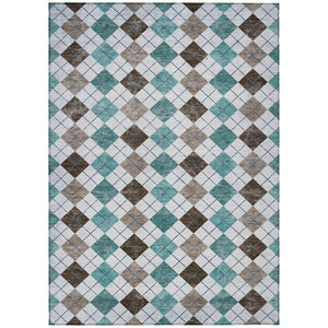 HomeRoots 5' Stylish Teal Blue, Taupe & Ivory Geometric Washable Area Rug for Indoor/Outdoor Spaces, Durable 639804