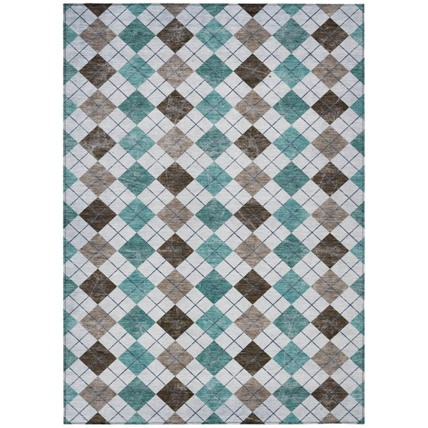 HomeRoots 5' Stylish Teal Blue, Taupe & Ivory Geometric Washable Area Rug for Indoor/Outdoor Spaces, Durable 639804