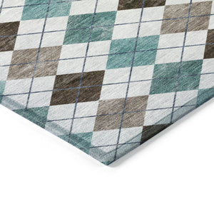 HomeRoots 5' Stylish Teal Blue, Taupe & Ivory Geometric Washable Area Rug for Indoor/Outdoor Spaces, Durable 639804