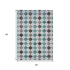 HomeRoots 5' Stylish Teal Blue, Taupe & Ivory Geometric Washable Area Rug for Indoor/Outdoor Spaces, Durable 639804