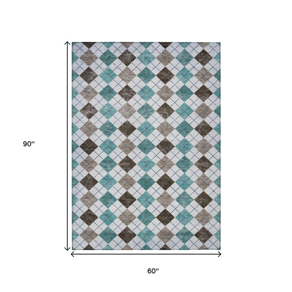 HomeRoots 5' Stylish Teal Blue, Taupe & Ivory Geometric Washable Area Rug for Indoor/Outdoor Spaces, Durable 639804