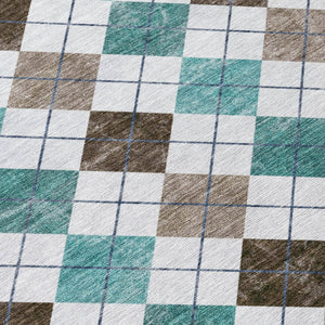 HomeRoots 5' Stylish Teal Blue, Taupe & Ivory Geometric Washable Area Rug for Indoor/Outdoor Spaces, Durable 639804
