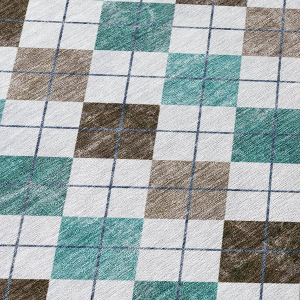 HomeRoots 5' Stylish Teal Blue, Taupe & Ivory Geometric Washable Area Rug for Indoor/Outdoor Spaces, Durable 639804