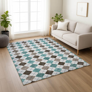 HomeRoots 5' Stylish Teal Blue, Taupe & Ivory Geometric Washable Area Rug for Indoor/Outdoor Spaces, Durable 639804