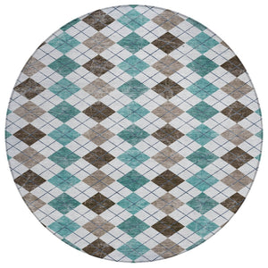 HomeRoots 8' Stylish Teal Blue, Taupe & Ivory Round Geometric Rug - Machine Washable for Indoor/Outdoor Use 639805